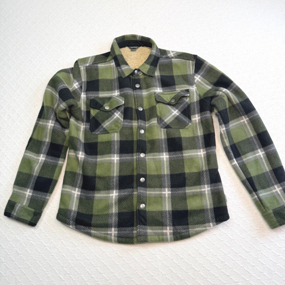 VTG Eddie Bauer Kids Green Plaid Sherpa Lined Fleece Shirt E930LW691 14/16